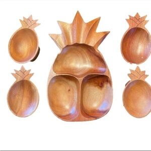 Kamani Vintage Wood Hand Carved Pineapple Bowl 5 Piece Serving Set